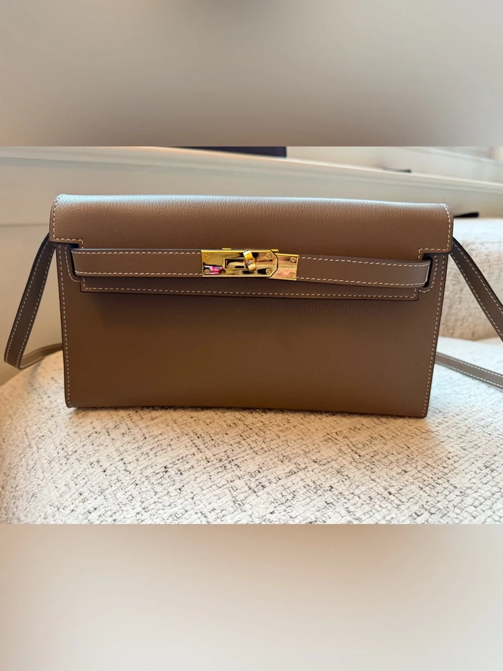 Sleek Taupe Leather Wristlet Clutch with Gold-Tone Hardware